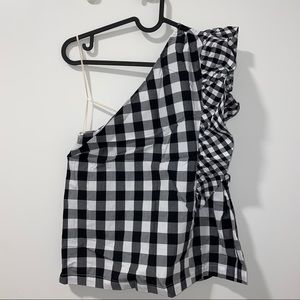 J. Crew Black and White Gingham One-Shoulder Blouse